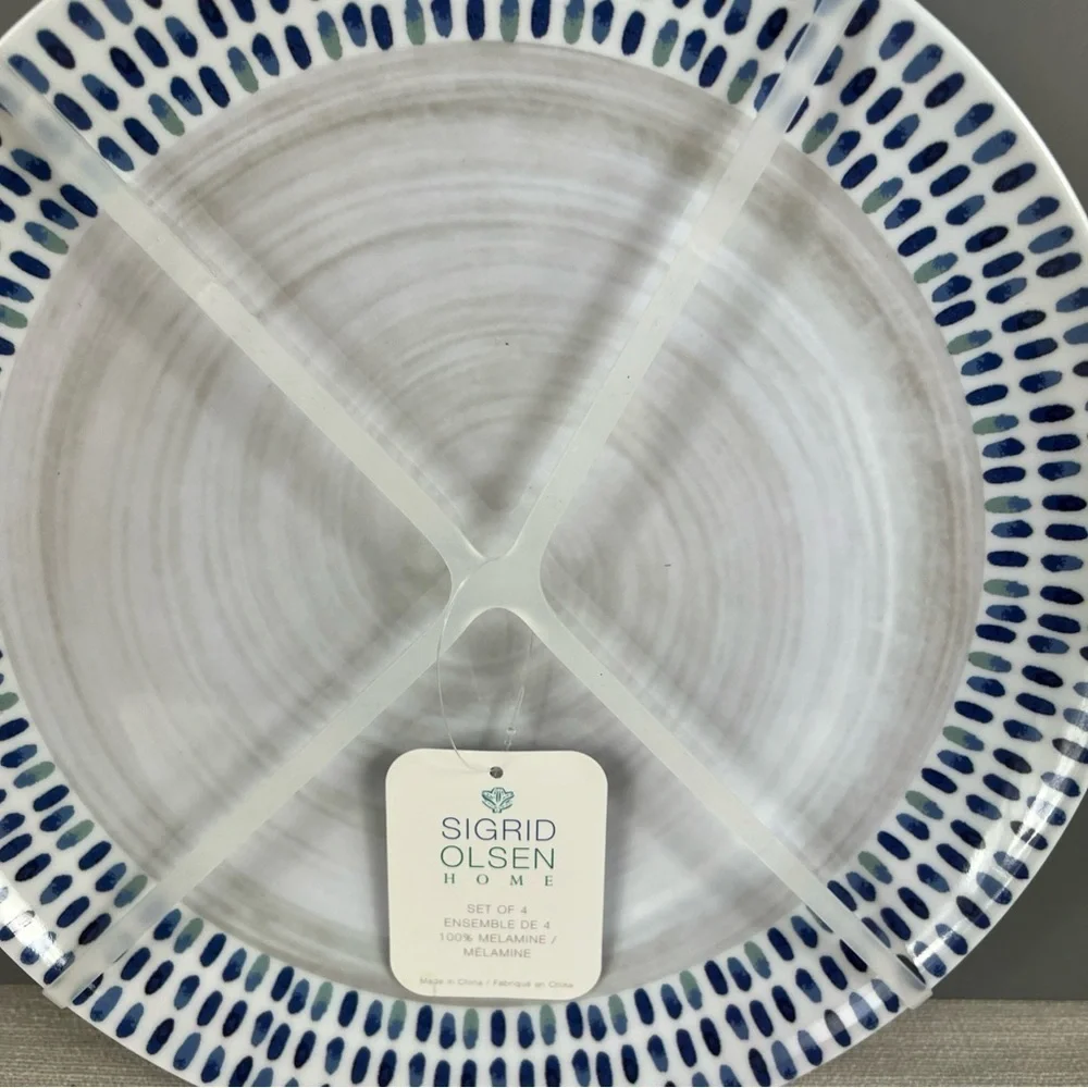 Sigrid Olsen Melamine Dinner Plates Modern Blue White Grey Pattern Set of 4 NEW